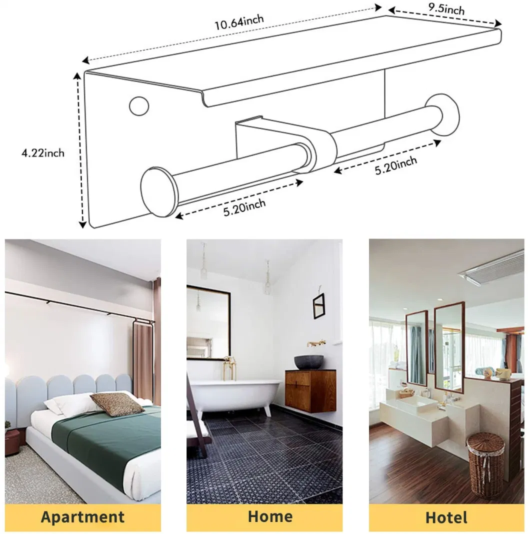 Stainless Steel Wall Mounted Double Black Toilet Paper Holder with Shelf